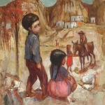 Artist: Bernard Locca Title: Children Welcoming Their Father Size: 25.5in x 31.75in Medium: Oil on Canvas