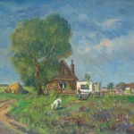 Artist: Gera Gyula Hungarian Title: The Farm House Size: 23.5 x 31.5 Framed: No Medium: Oil on Canvas