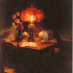 Artist: Edouard Cortes Title: Still Life with Lamp  Size: 21.5 x 15in Oil on Canvas Framed: Yes Signed: Yes