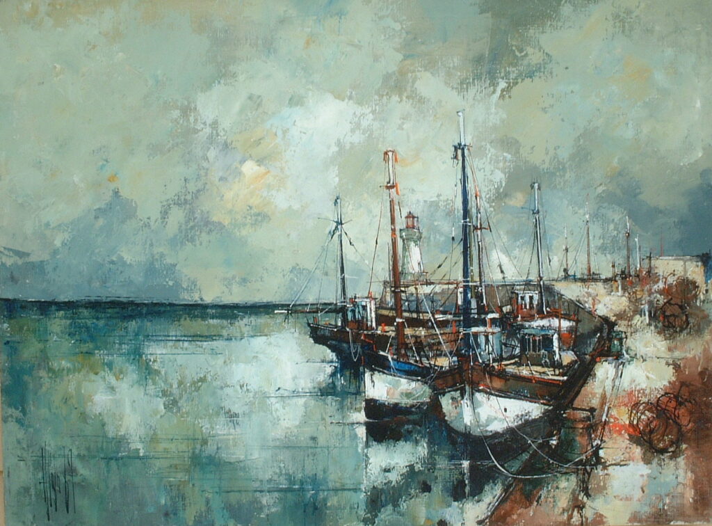 Artist: Aldo Title: Fishing Boats at Rest Size: 23.5in x 31.5in Framed: No Medium: Oil on Canvas