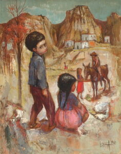 Artist: Bernard Locca Title: Children Welcoming Their Father Size: 25.5in x 31.75in Medium: Oil on Canvas