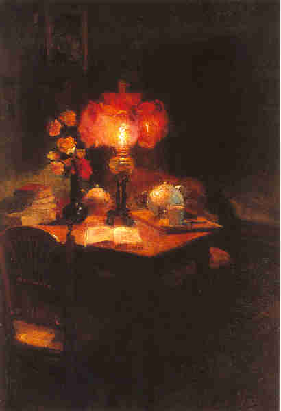 Artist: Edouard Cortes Title: Still Life with Lamp  Size: 21.5 x 15in Oil on Canvas Framed: Yes Signed: Yes