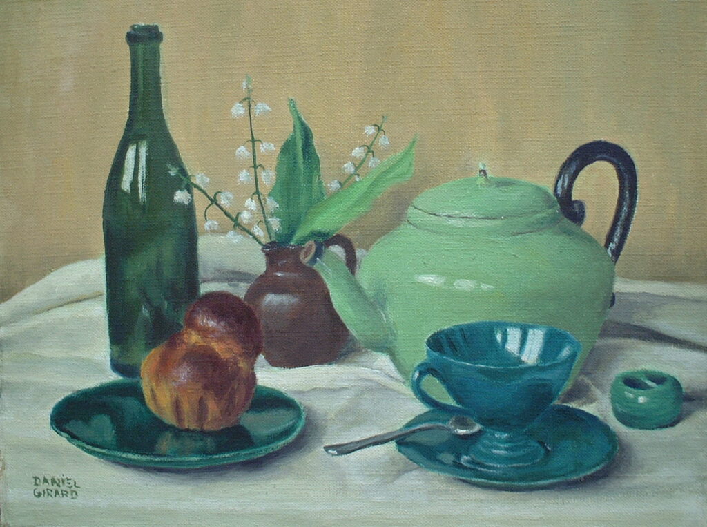 Artist: Daniel Girard Title: The Green Tez Pot Size 10in x 14in Signed: Yes
