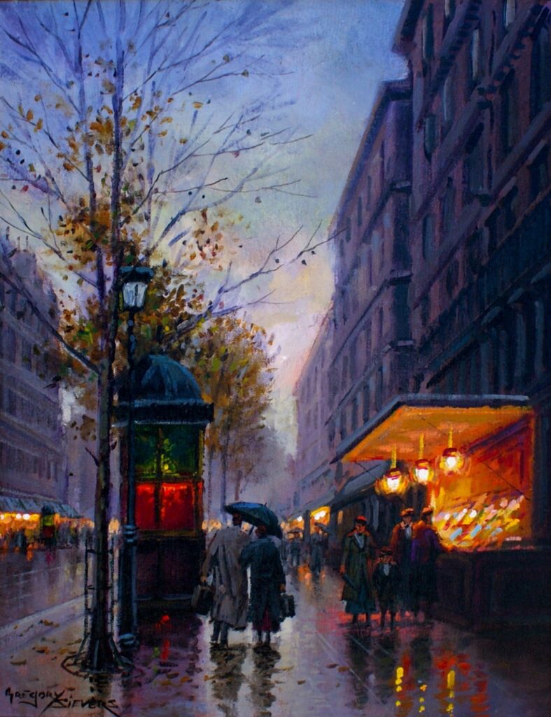 Artist: Gregory Sievers Title: Arrival in Paris Size: 14in x 18in Framed: Yes Medium: Oil on Canvas
